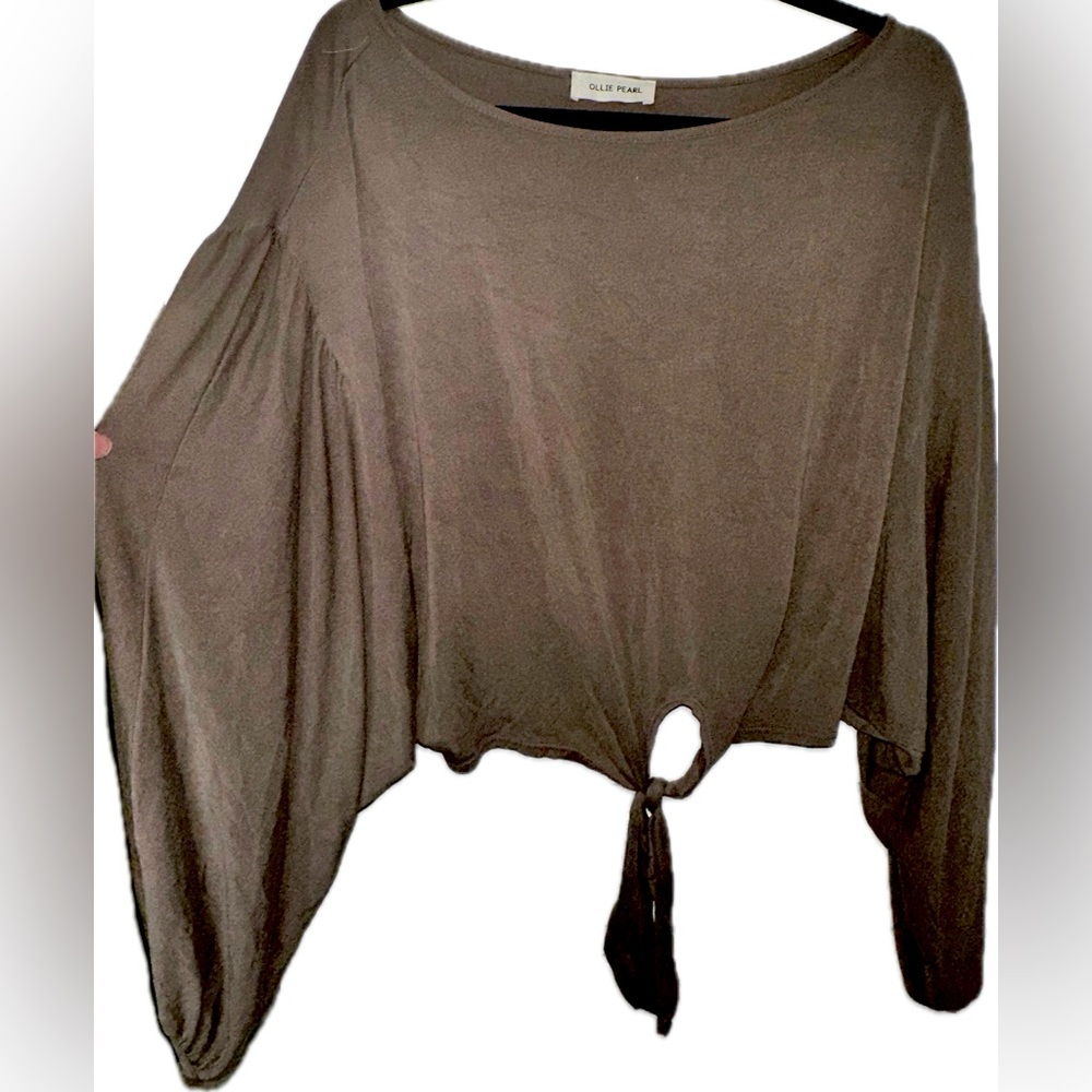Ollie Pearl Brown Bohemian Scoop Neck Off Shoulder Blouse with Knot Tie